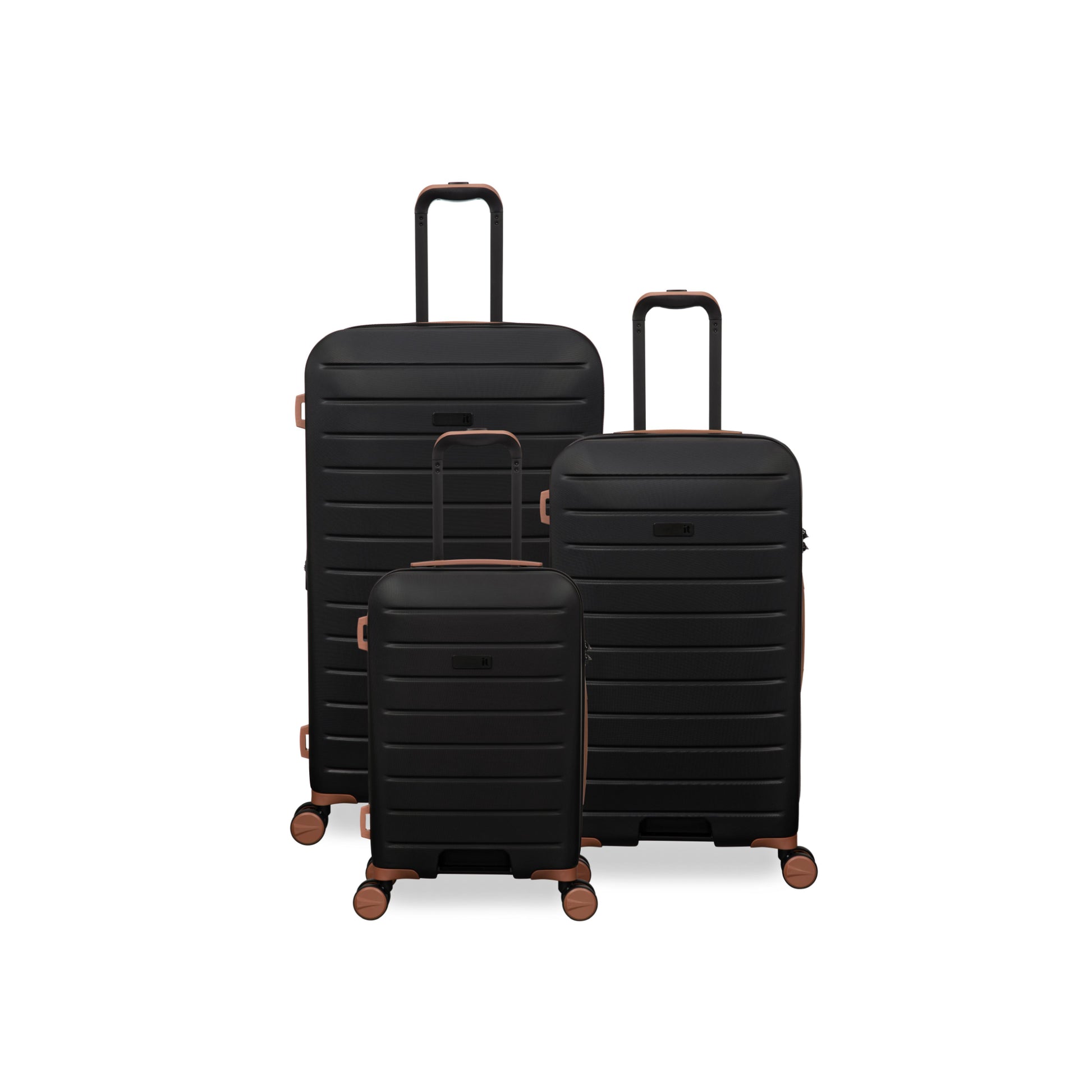 Set of three black suitcases with rose gold handles and wheels on a white background