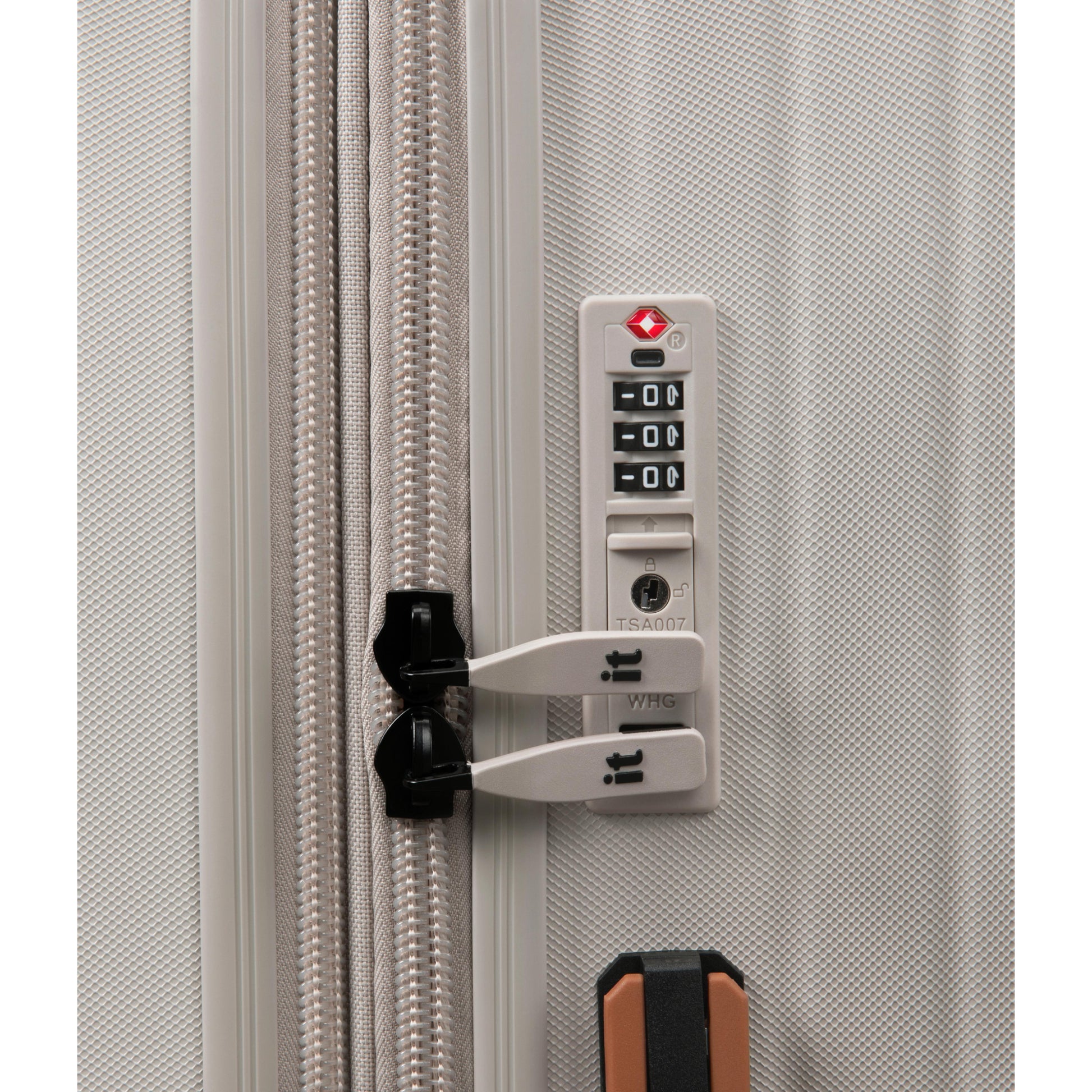 Close-up of a suitcase with a combination lock on a white background