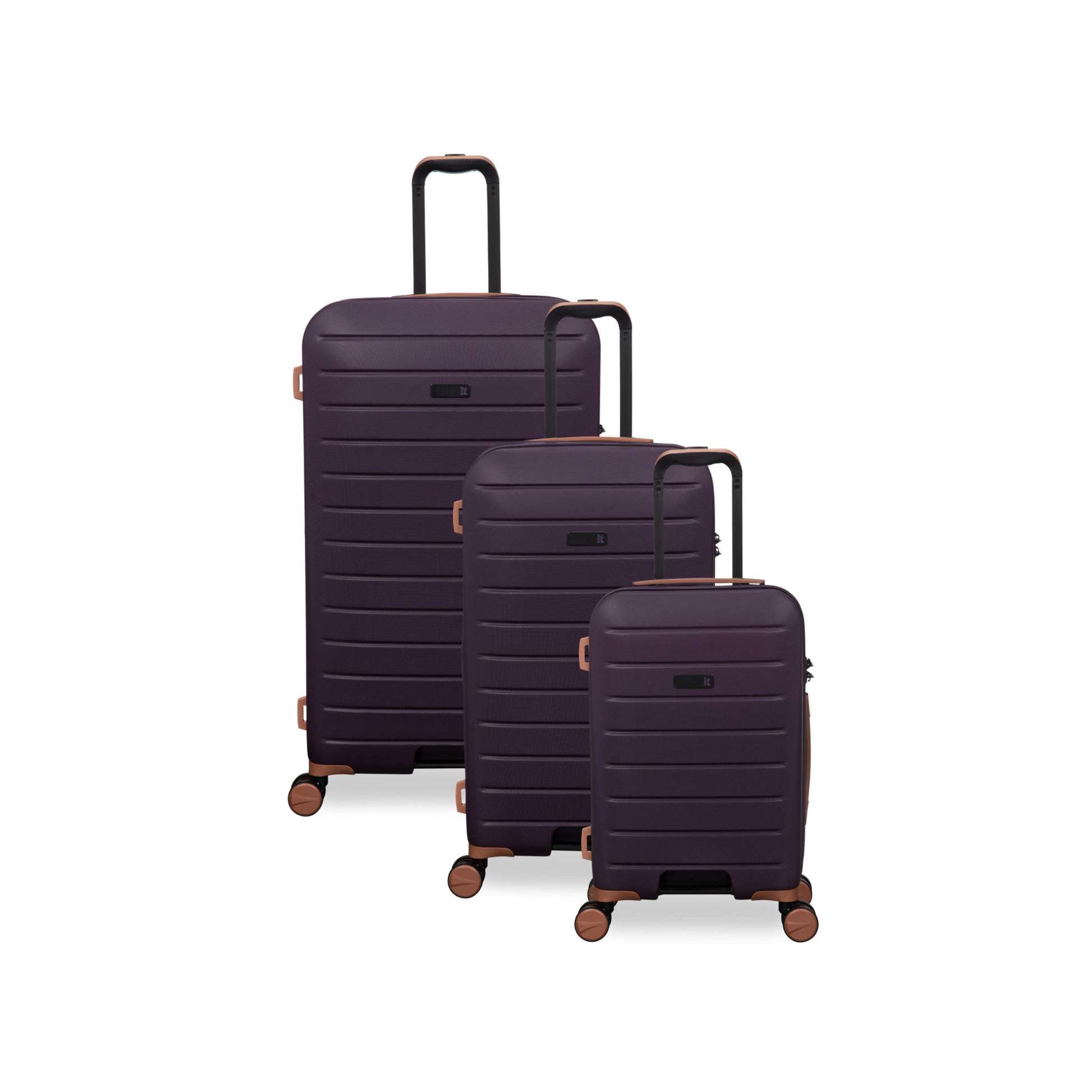 Set of three purple suitcases with brown handles and wheels on a white background