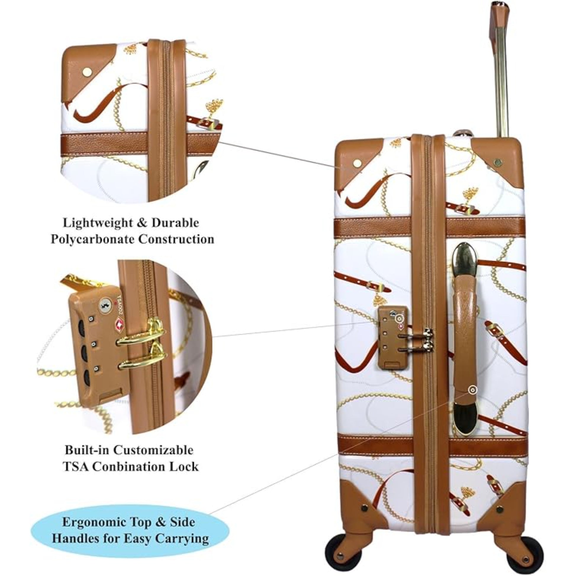 White Vintage Style luggage bag set of 2 with white accents and a matching White suitcase set of 2 travel bag on a suitcase d