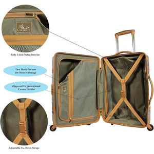 Blue Vintage Style luggage Set of 2 with brown accents and a matching Blue suitcase set of 2 travel bag on a suitcase luggage