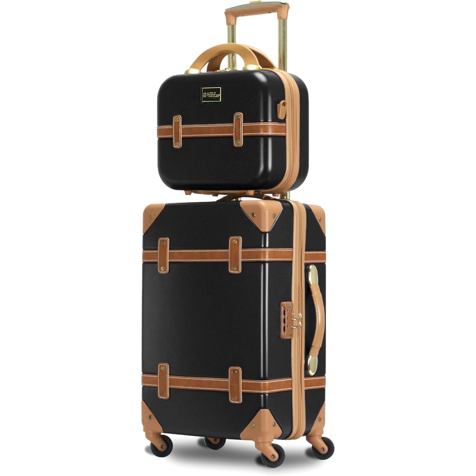 Black Vintage Style suitcase with brown accents and a matching black travel bag on a white background 