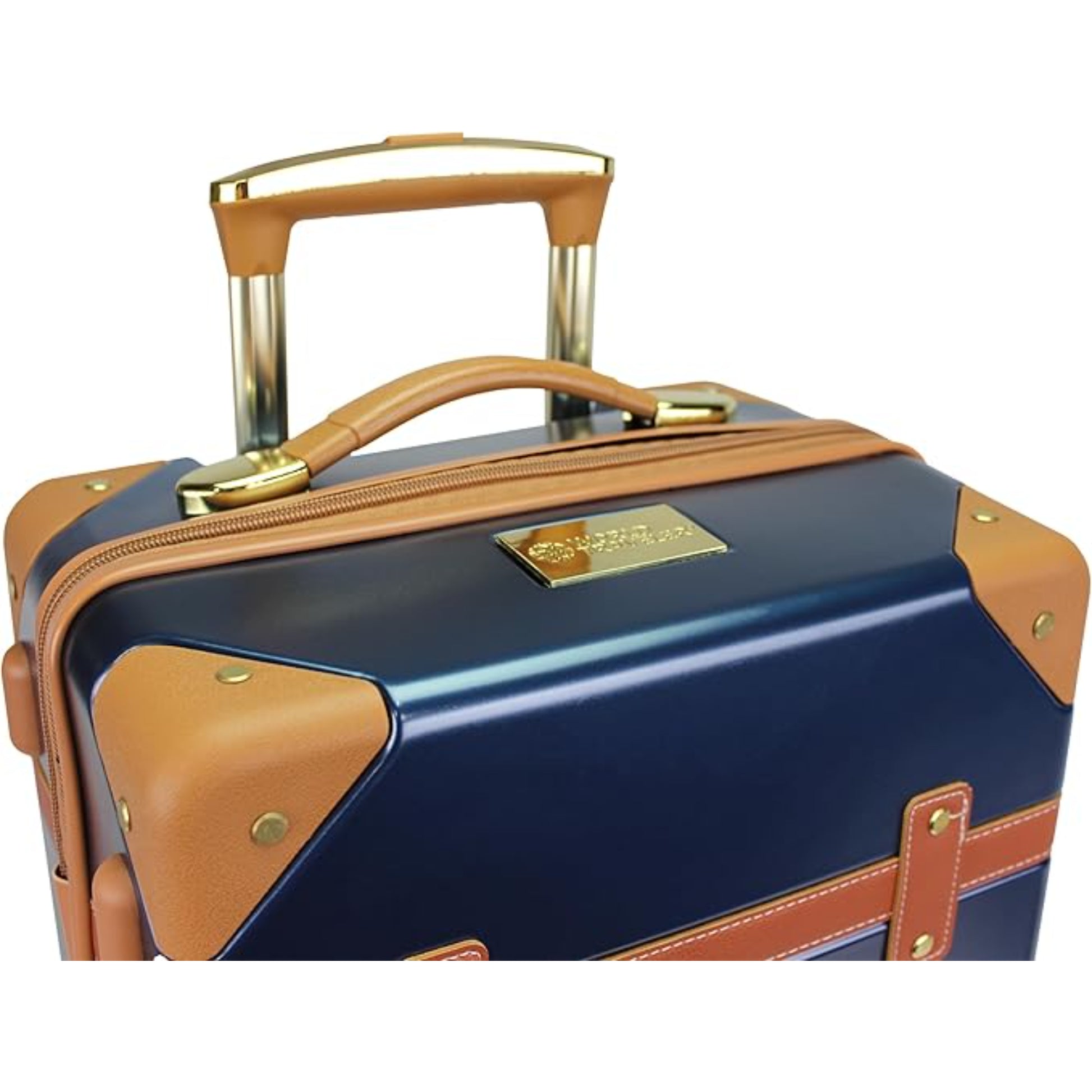 Blue Vintage Style luggage Set of 2 with brown accents and a matching Blue suitcase set of 2 travel bag on a suitcase luggage