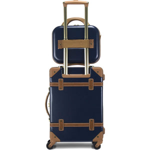 Blue Vintage Style luggage Set of 2 with brown accents and a matching Blue suitcase set of 2 travel bag on a suitcase luggage