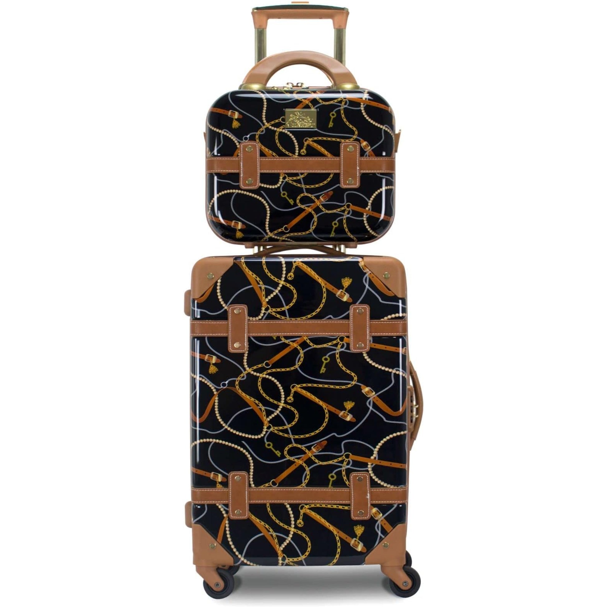 2-piece luggage set with black and gold pattern on a white background