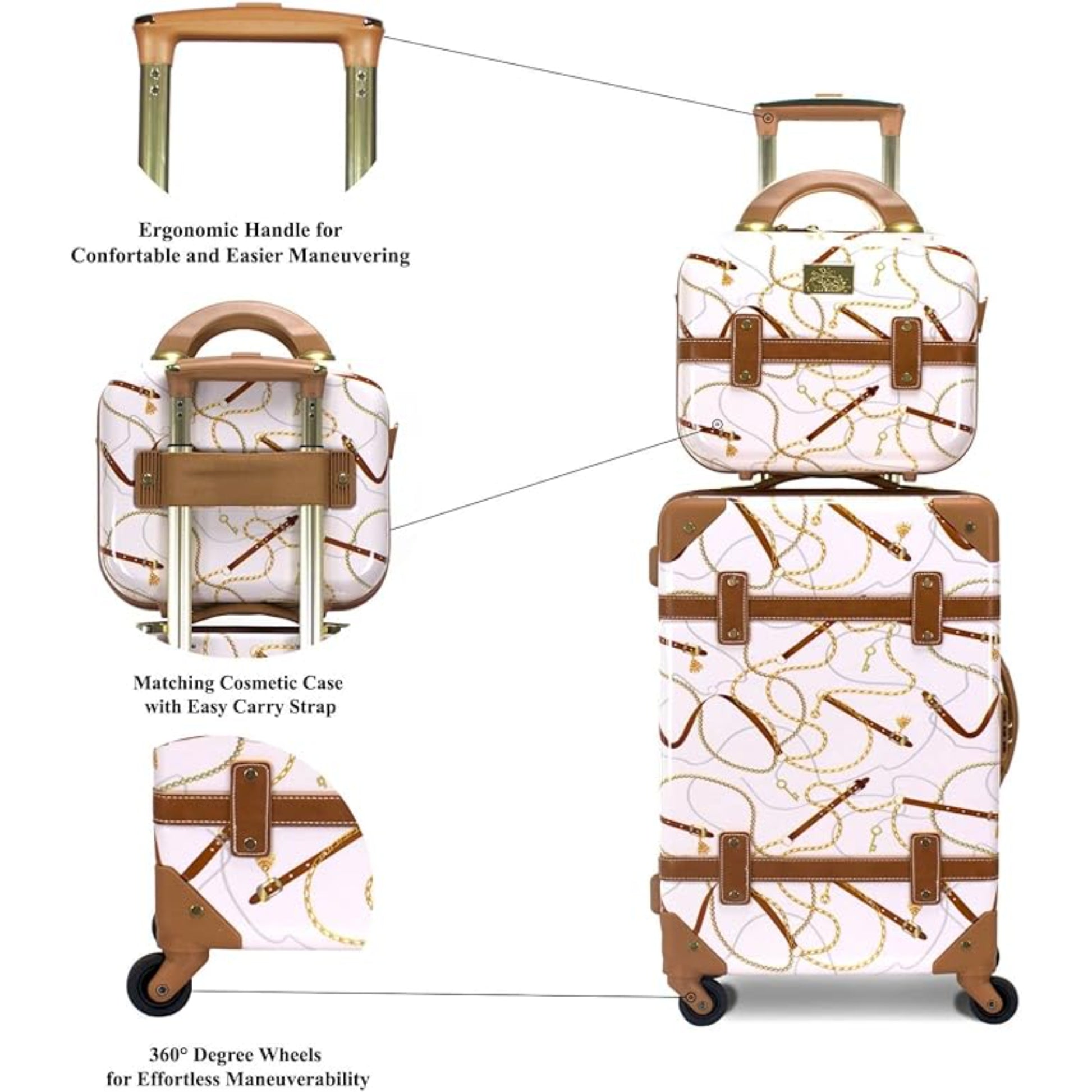 White Vintage Style luggage bag set of 2 with white accents and a matching White suitcase set of 2 travel bag on a suitcase d