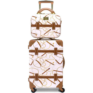 White Vintage Style luggage bag set of 2 with white accents and a matching White suitcase set of 2 travel bag on a suitcase d
