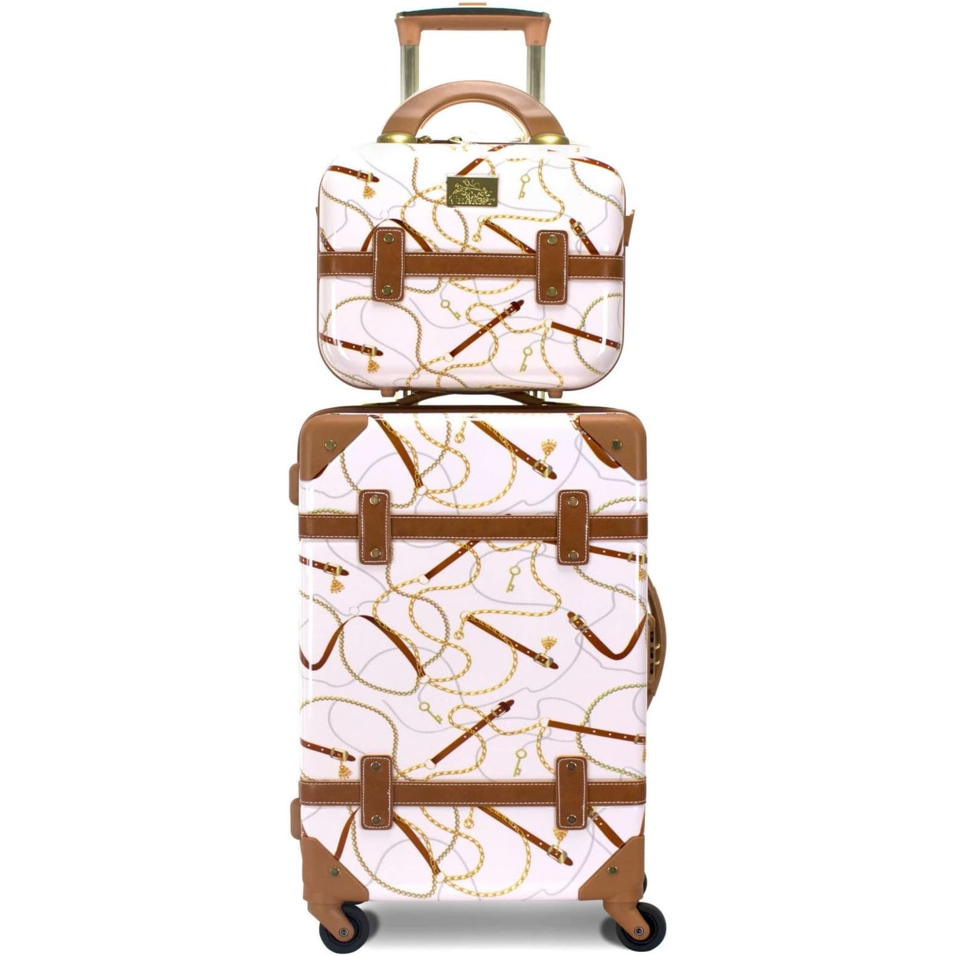 White Vintage Style luggage bag set of 2 with white accents and a matching White suitcase set of 2 travel bag on a suitcase d