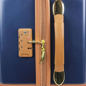 Blue Vintage Style luggage Set of 2 with brown accents and a matching Blue suitcase set of 2 travel bag on a suitcase luggage