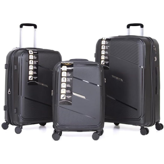 Three black suitcases of different sizes on a white background