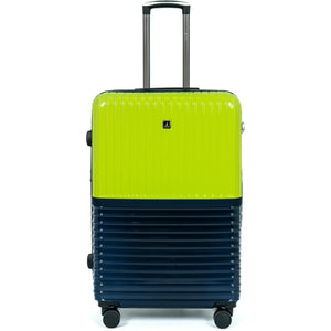 Green and navy suitcase on a white background