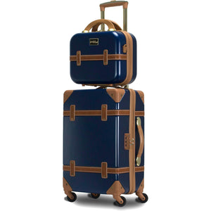 Blue Vintage Style luggage Set of 2 with brown accents and a matching Blue suitcase set of 2 travel bag on a suitcase luggage