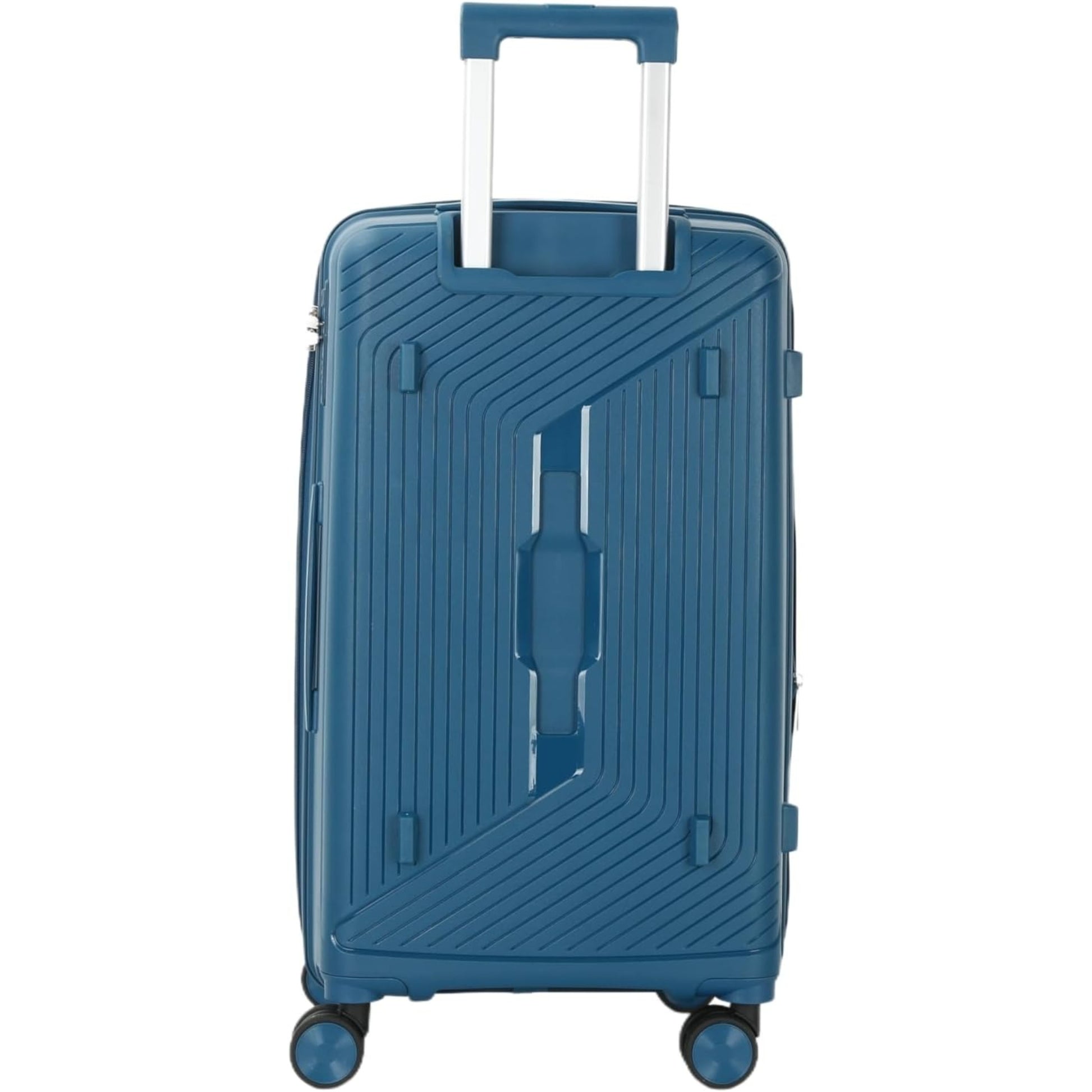 Blue suitcase with a textured surface on a white background