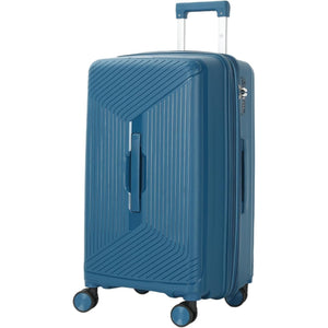 Blue suitcase with a textured surface on a white background