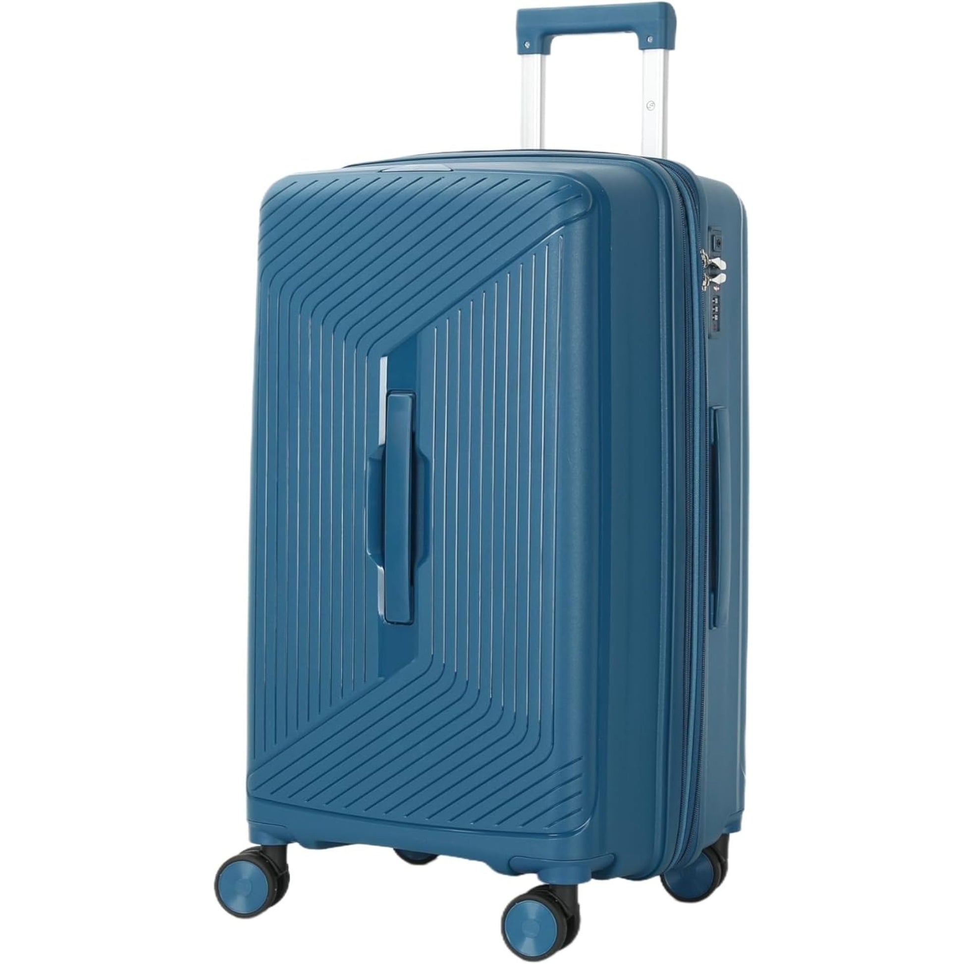 Blue suitcase with a textured surface on a white background