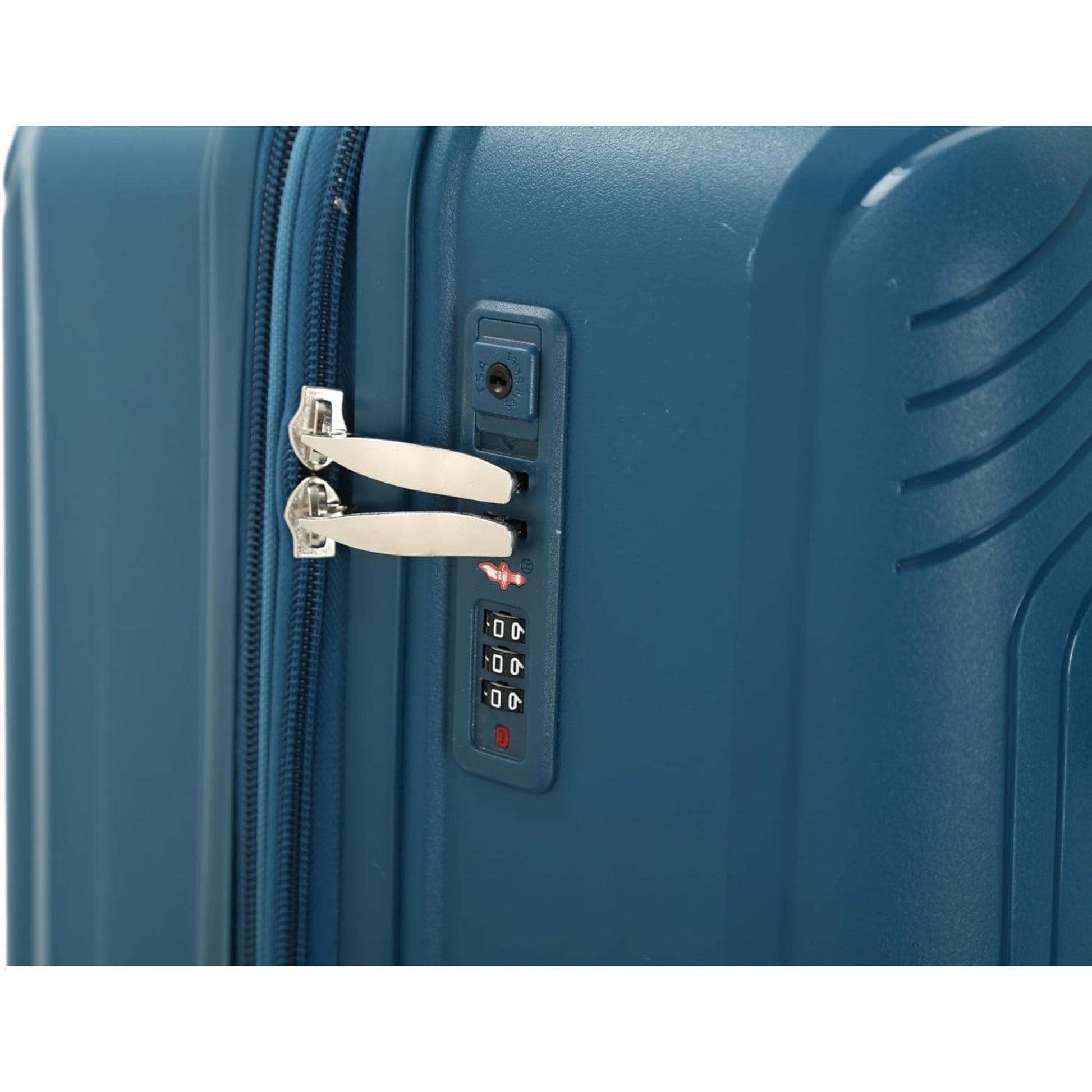 Blue suitcase with a combination lock on a white background