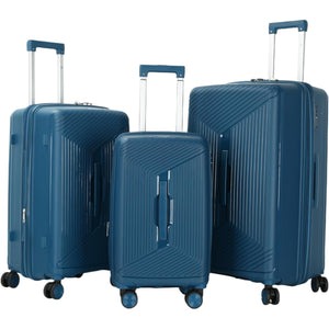 3 blue suitcase luggage set of different sizes on a white background