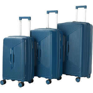 Set of 3 blue suitcases of different sizes on a white background