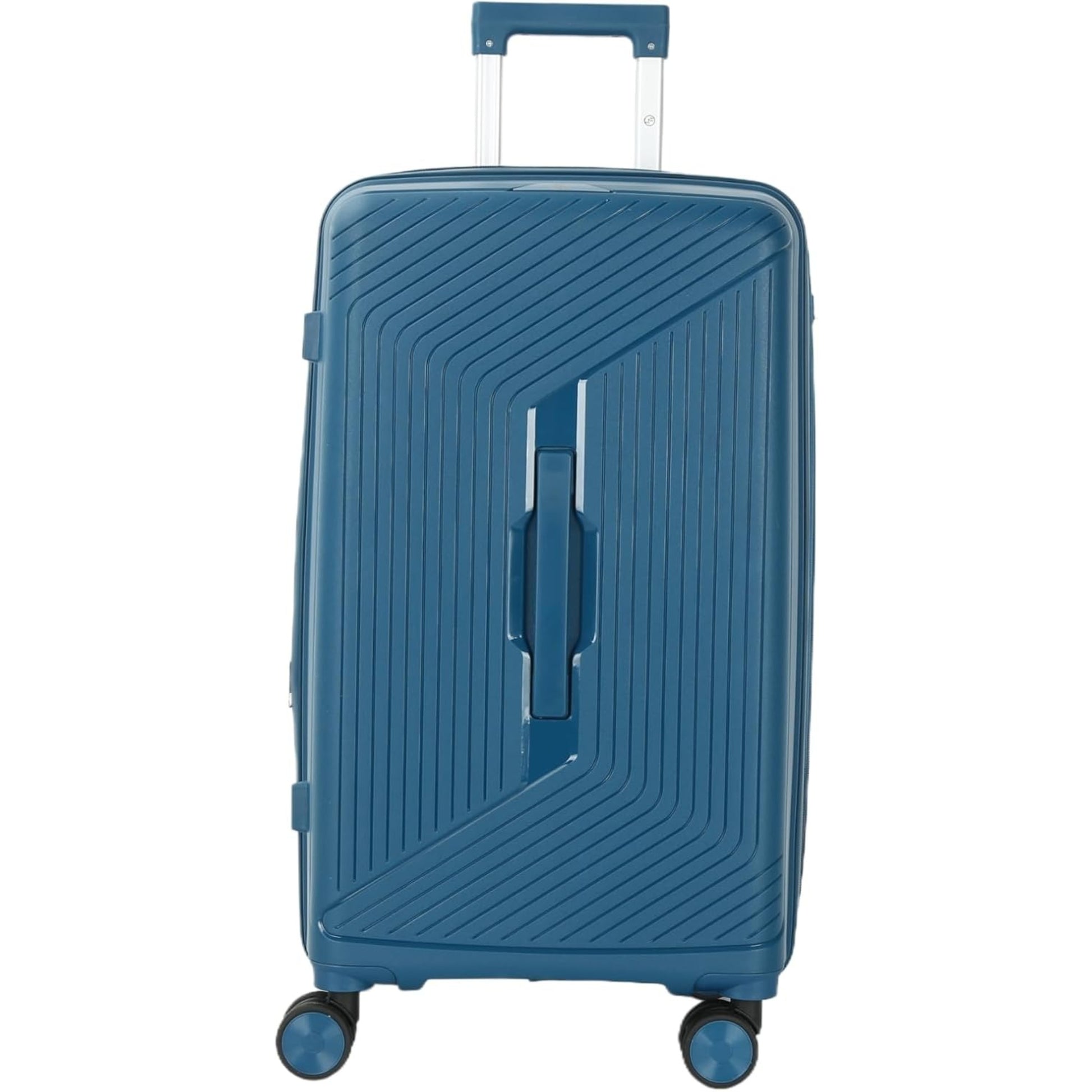 Blue suitcase with a textured surface on a white background