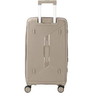 Beige suitcase with a textured surface on a white background