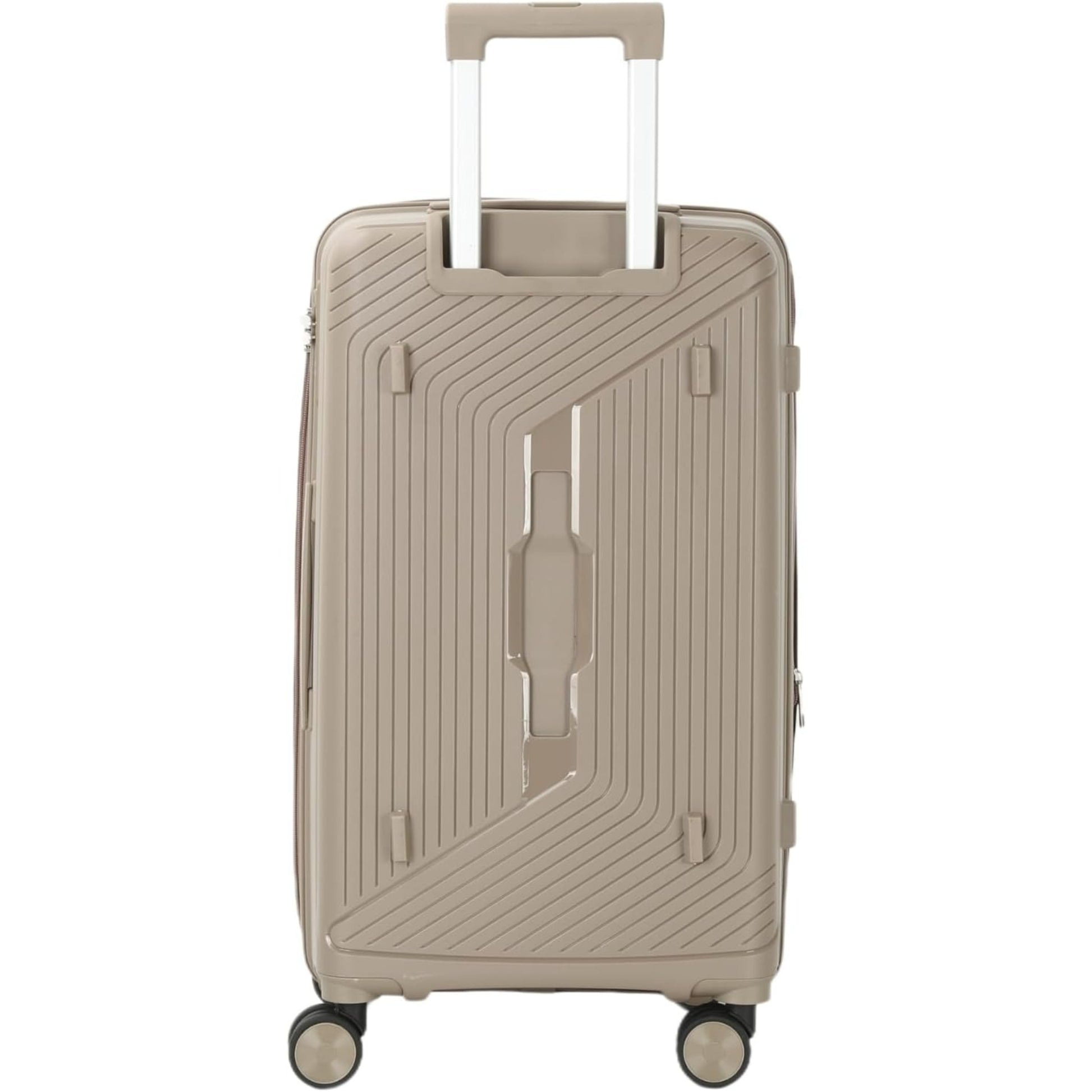Beige suitcase with a textured surface on a white background