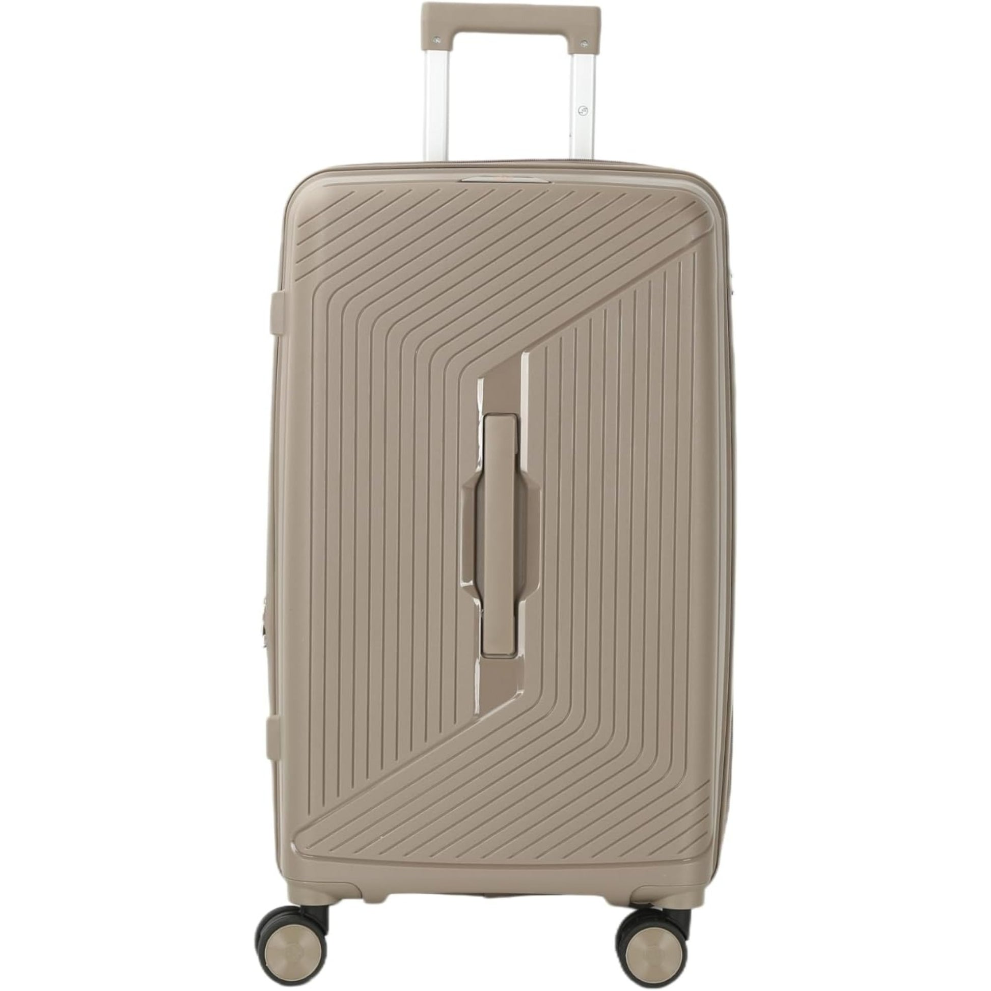 Beige suitcase with a textured surface on a white background