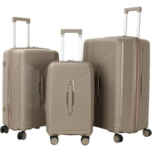 Three beige suitcases of different sizes on a white background