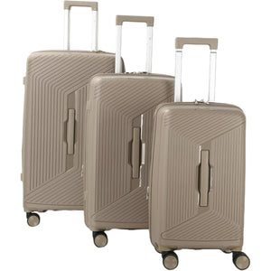 3 beige suitcases of different sizes on a white background
