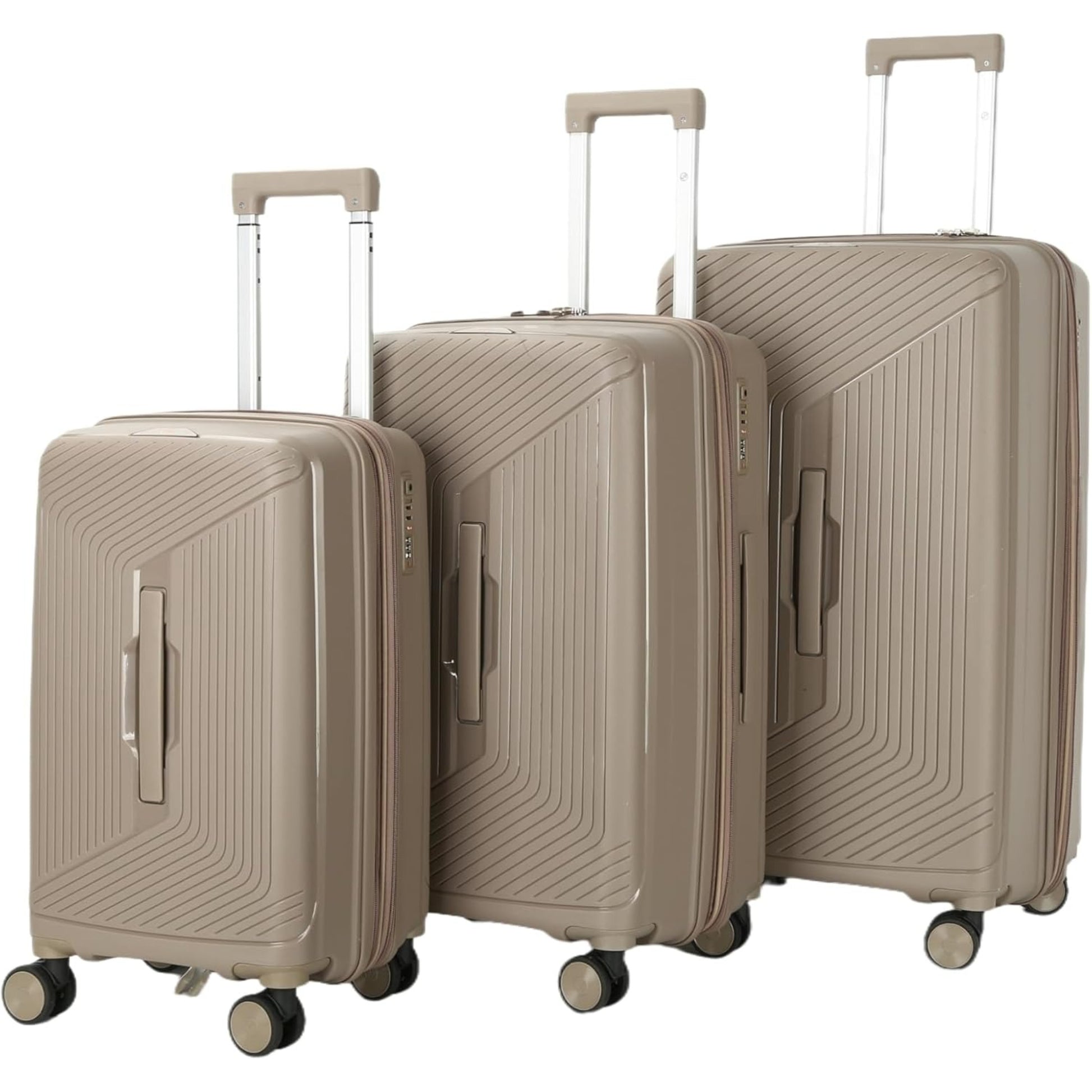 Set of 3 beige suitcases with textured surface on a white background