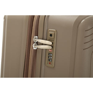 Beige suitcase with a zipper and combination lock on a white background