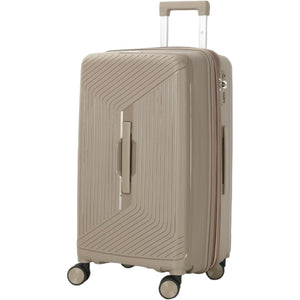 Beige suitcase with a textured surface on a white background