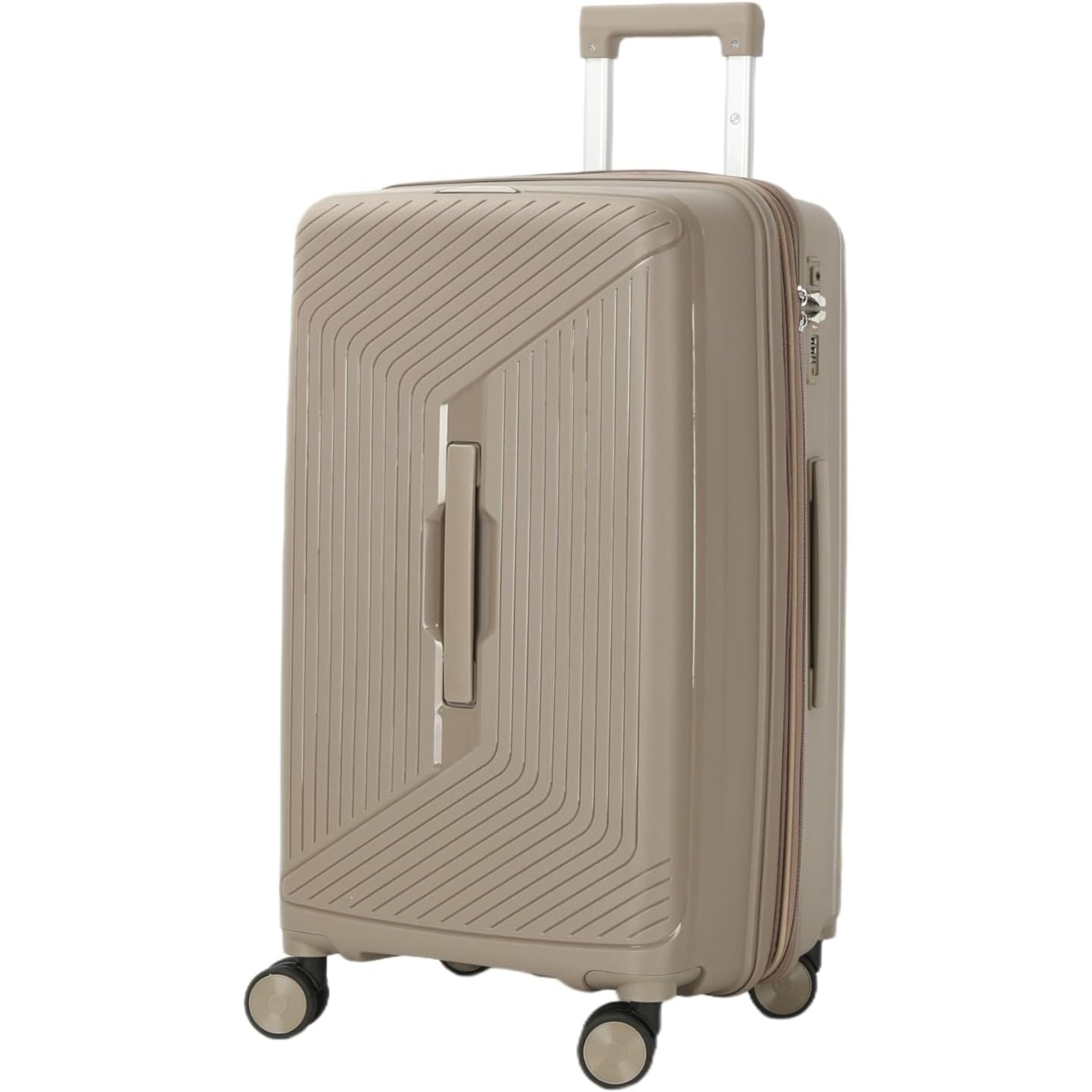 Beige suitcase with a textured surface on a white background