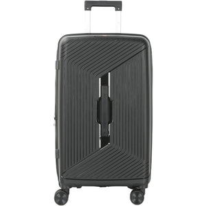 Black suitcase with a textured surface on a white background