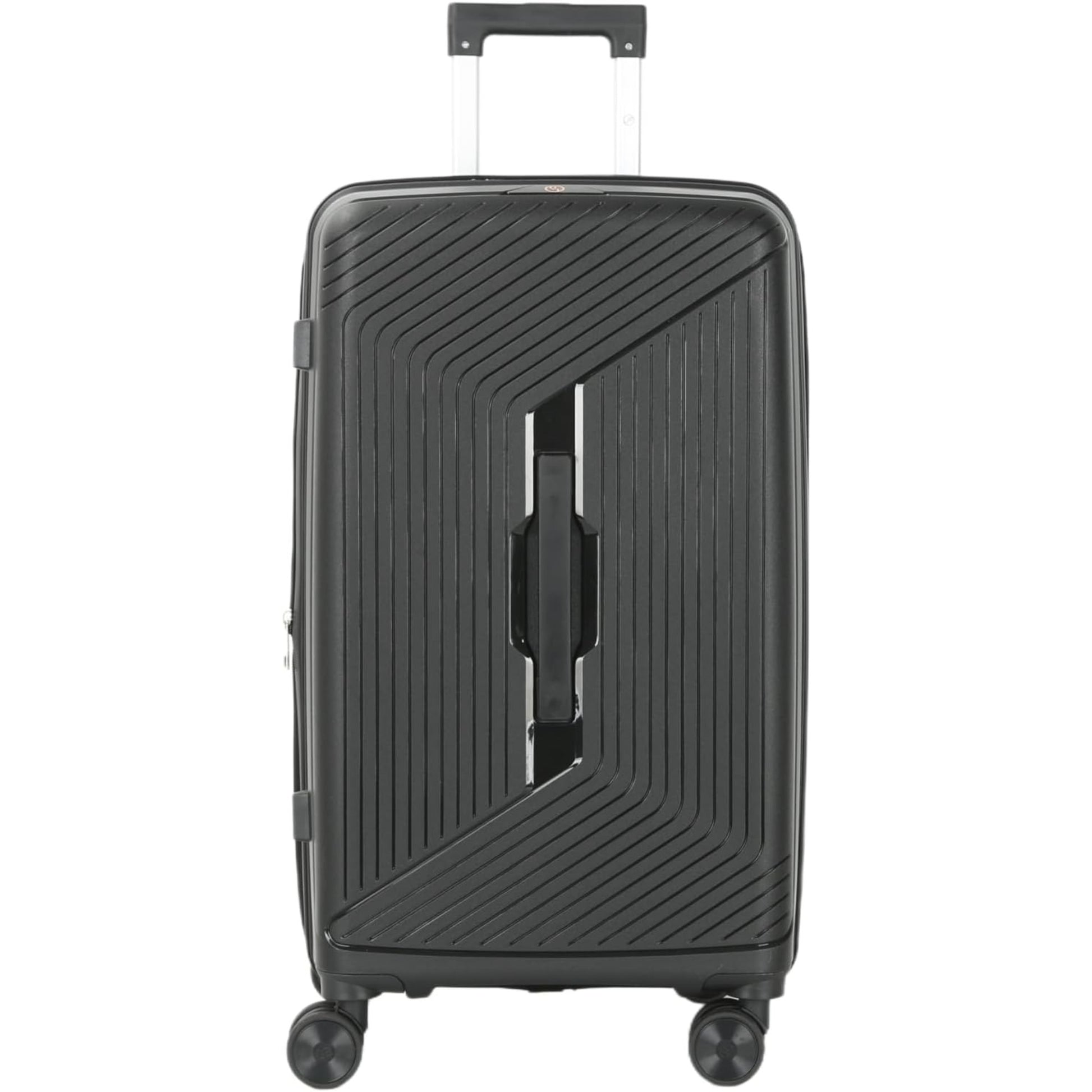 Black suitcase with a textured surface on a white background