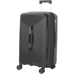 Black suitcase with wheels and handle on a white background
