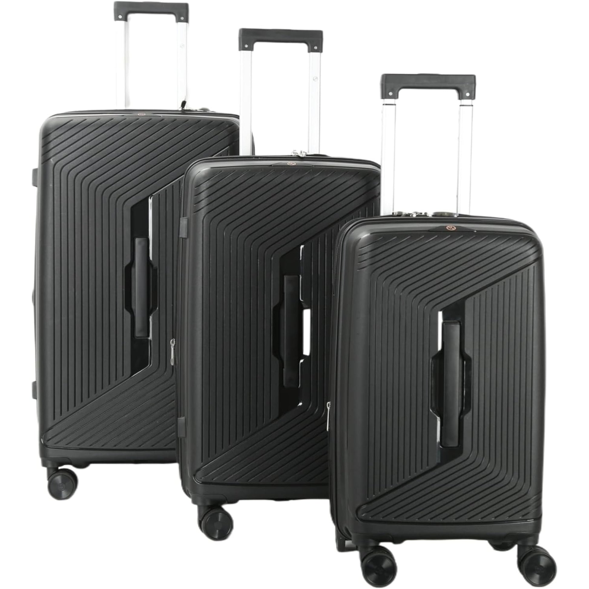 3 black suitcase luggage set of different sizes on a white background