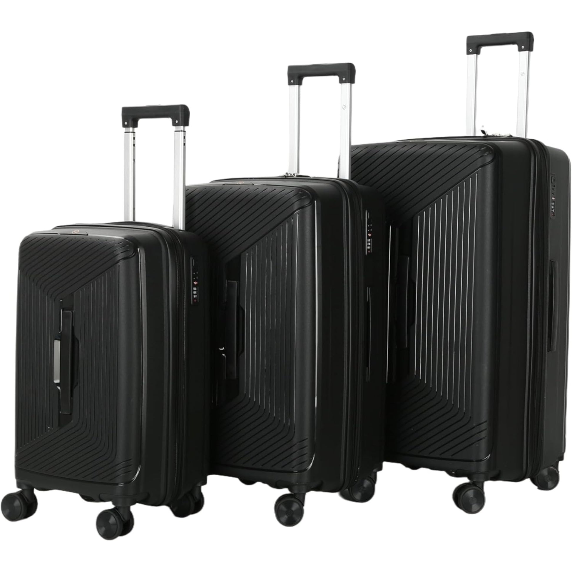 Set of 3 black suitcases of different sizes on a white background
