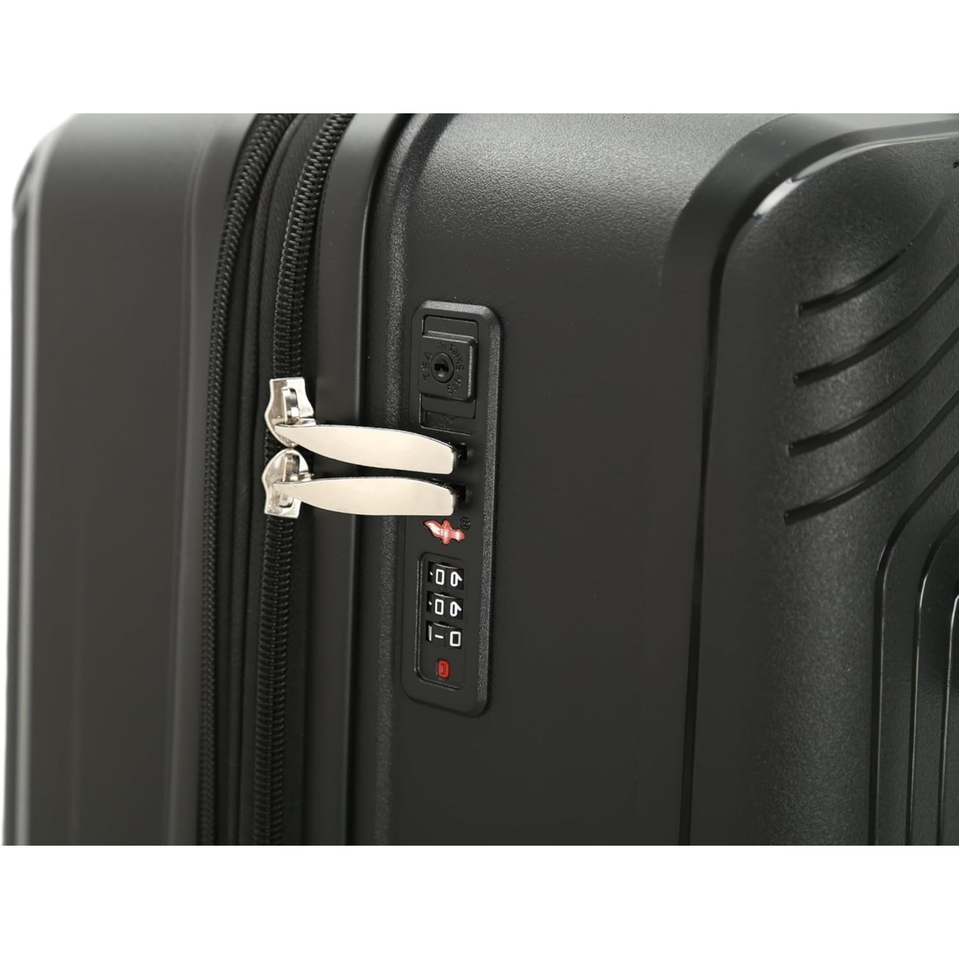 Black suitcase with a TSA-approved lock on a white background