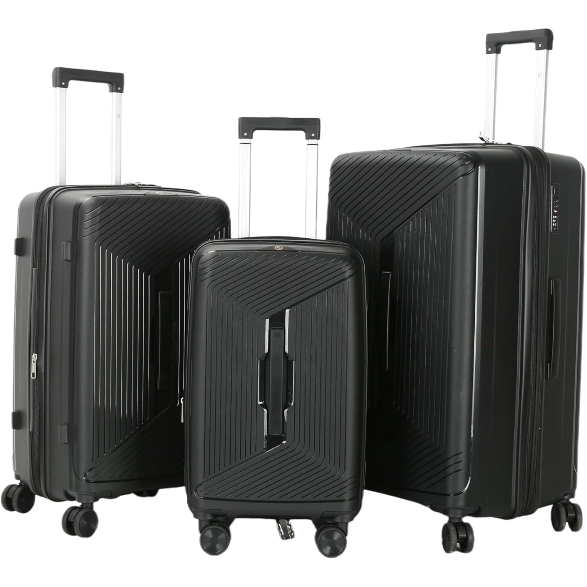 3 black suitcase set of different sizes on a white background