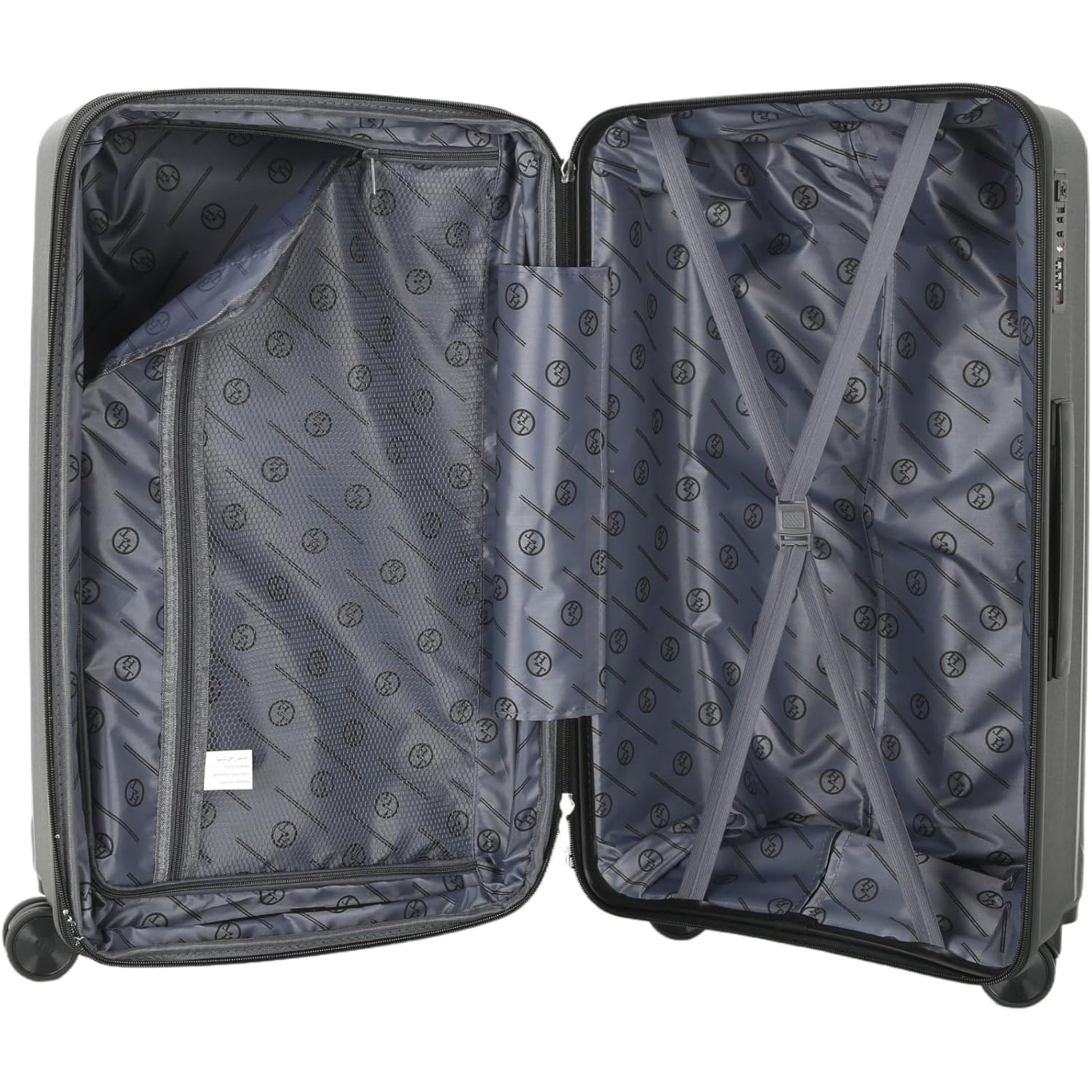 Open suitcase with interior lining and support rods on a white background