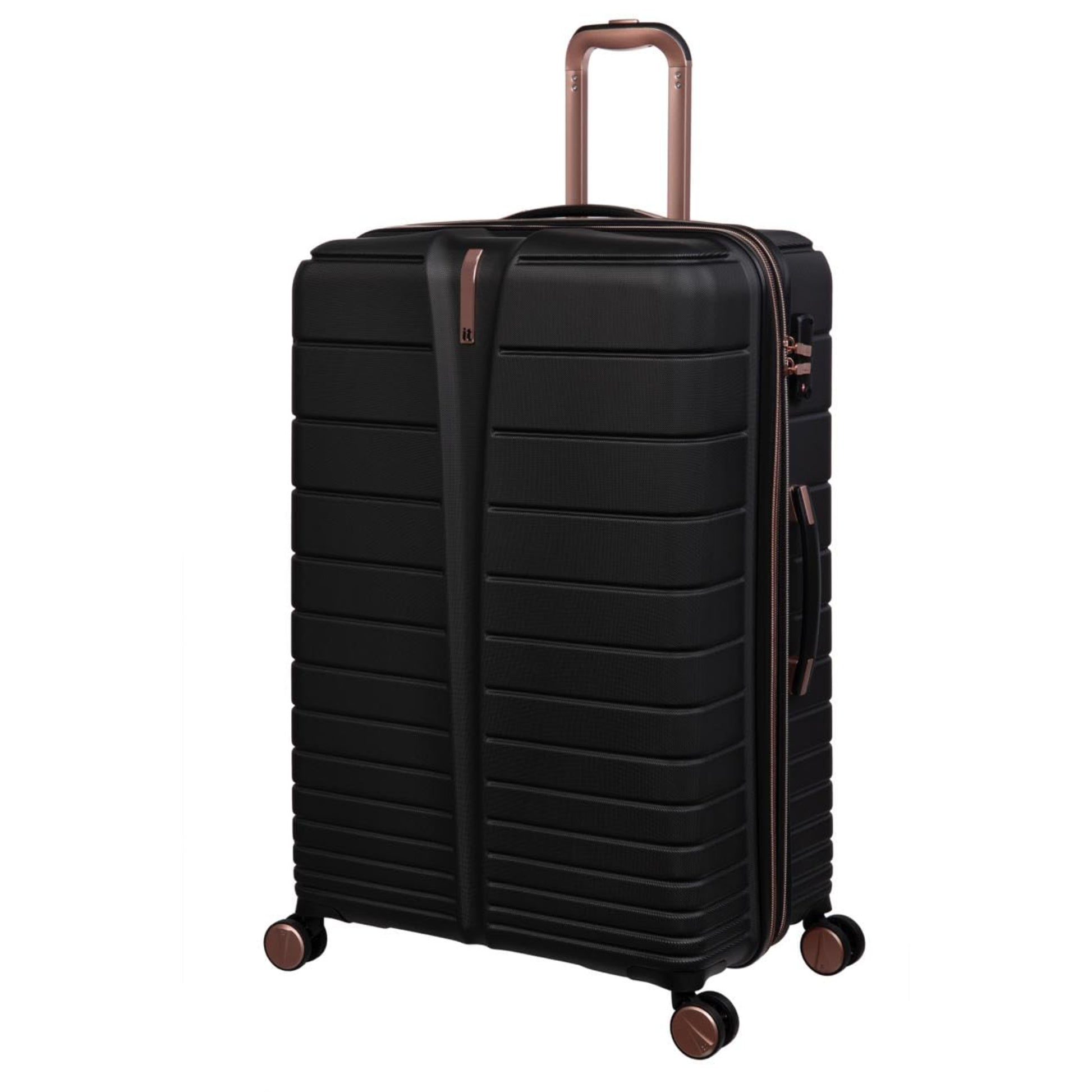 Black cabin bag with bronze handles and wheels on a white background