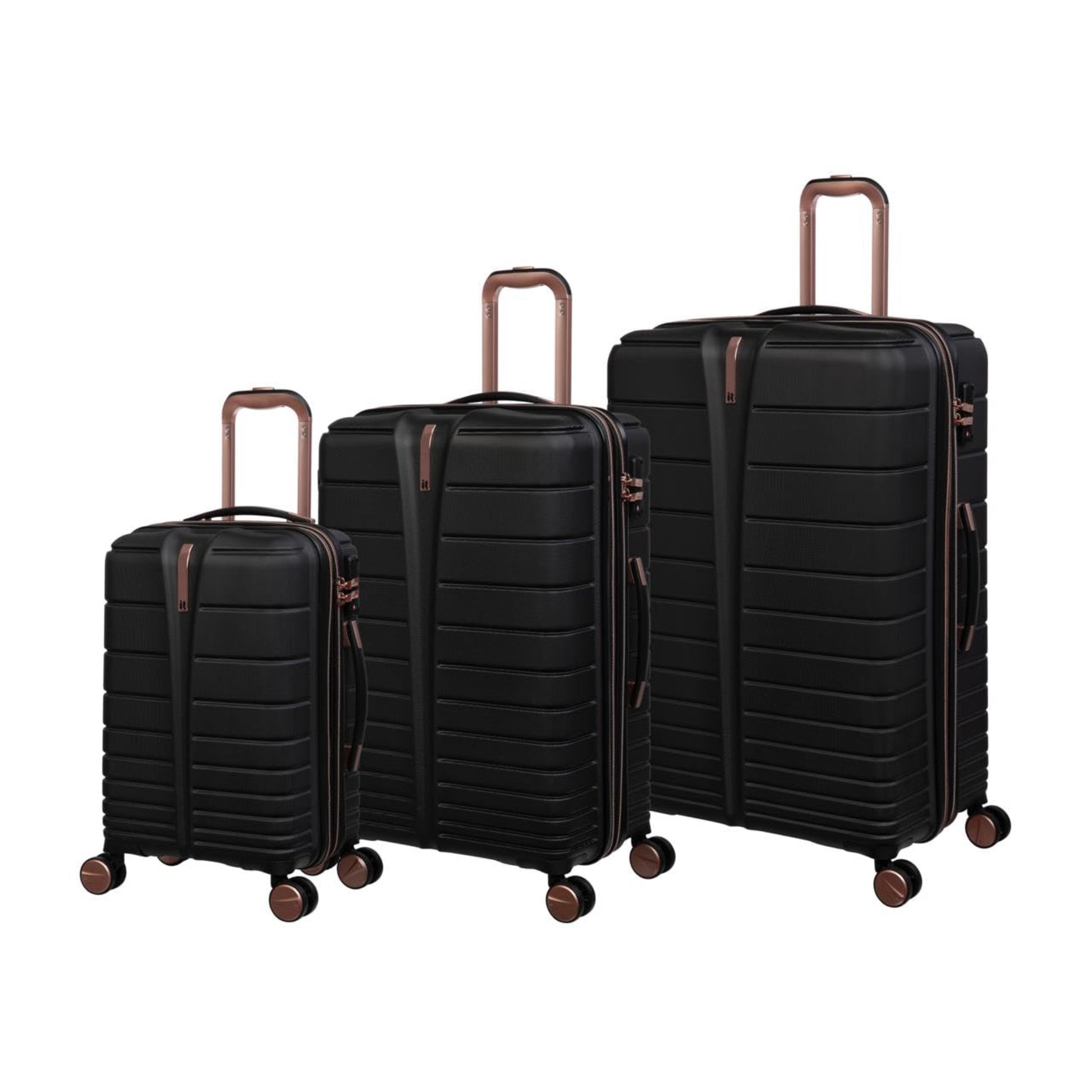 three black cabin bag with bronze handles and wheels on a white background