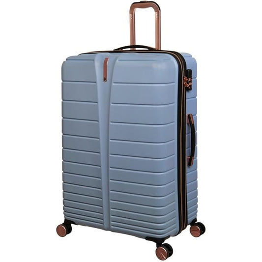 Light blue luggage trolley with brown handles and wheels on a white background