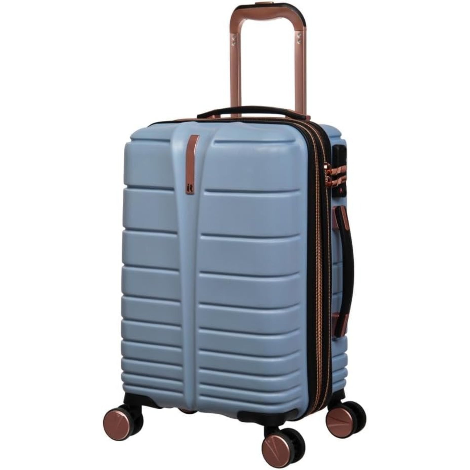 Blue suitcase with brown accents on a white background