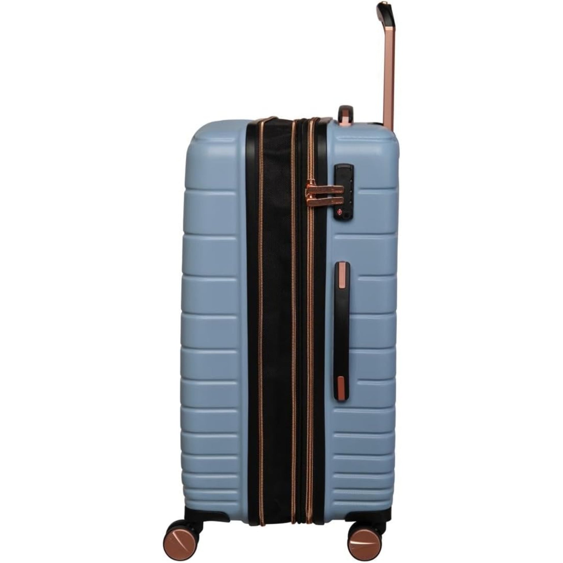 Light blue cabin bag with black handle and bronze wheels on a white background