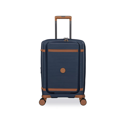 Blue cabin bag with brown accents on a white background