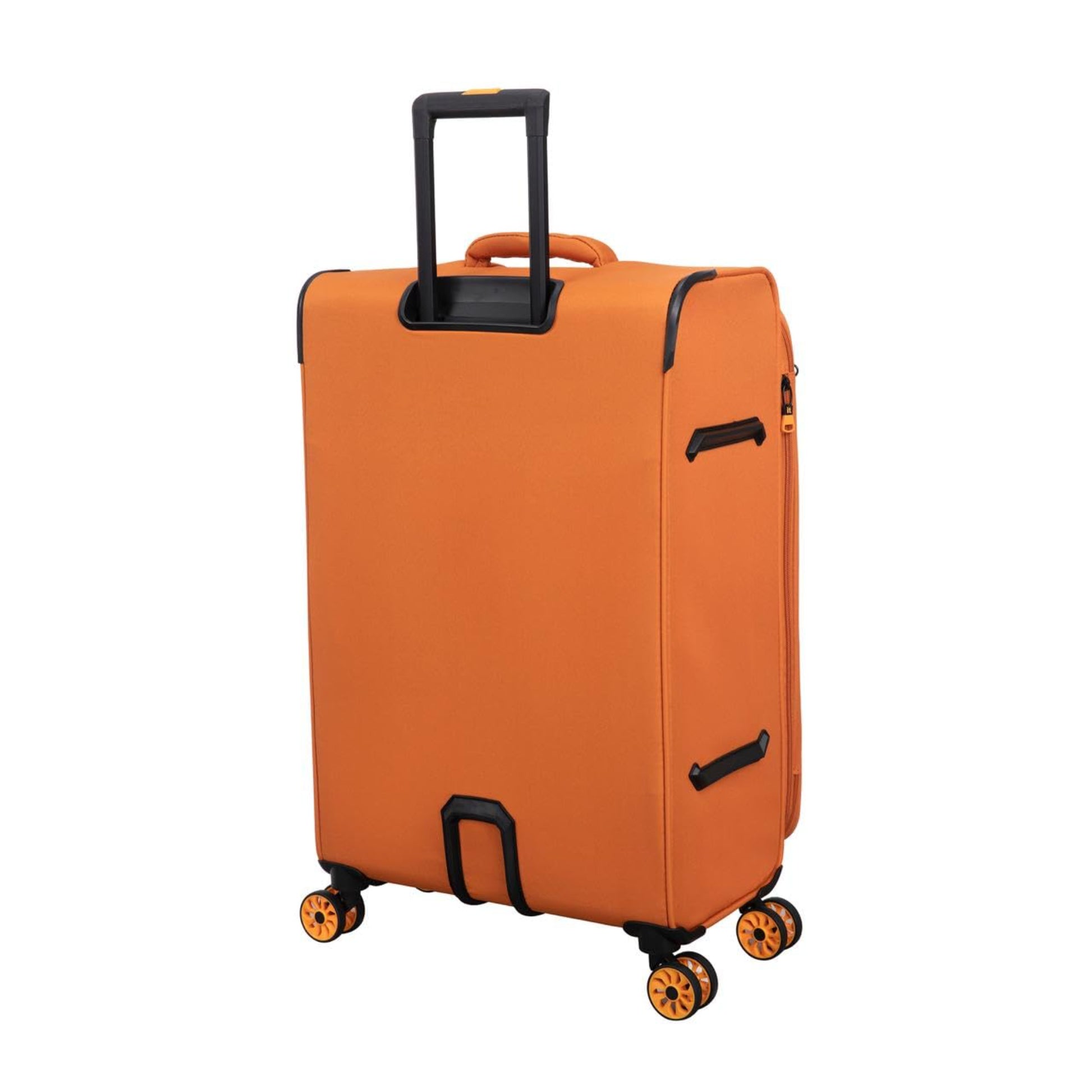 Orange suitcase with black handles and wheels on a white background