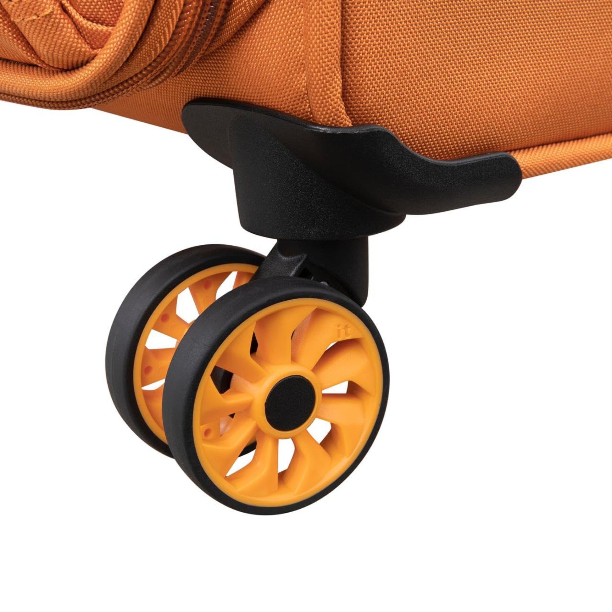 Close-up of an orange suitcase wheel on a white background
