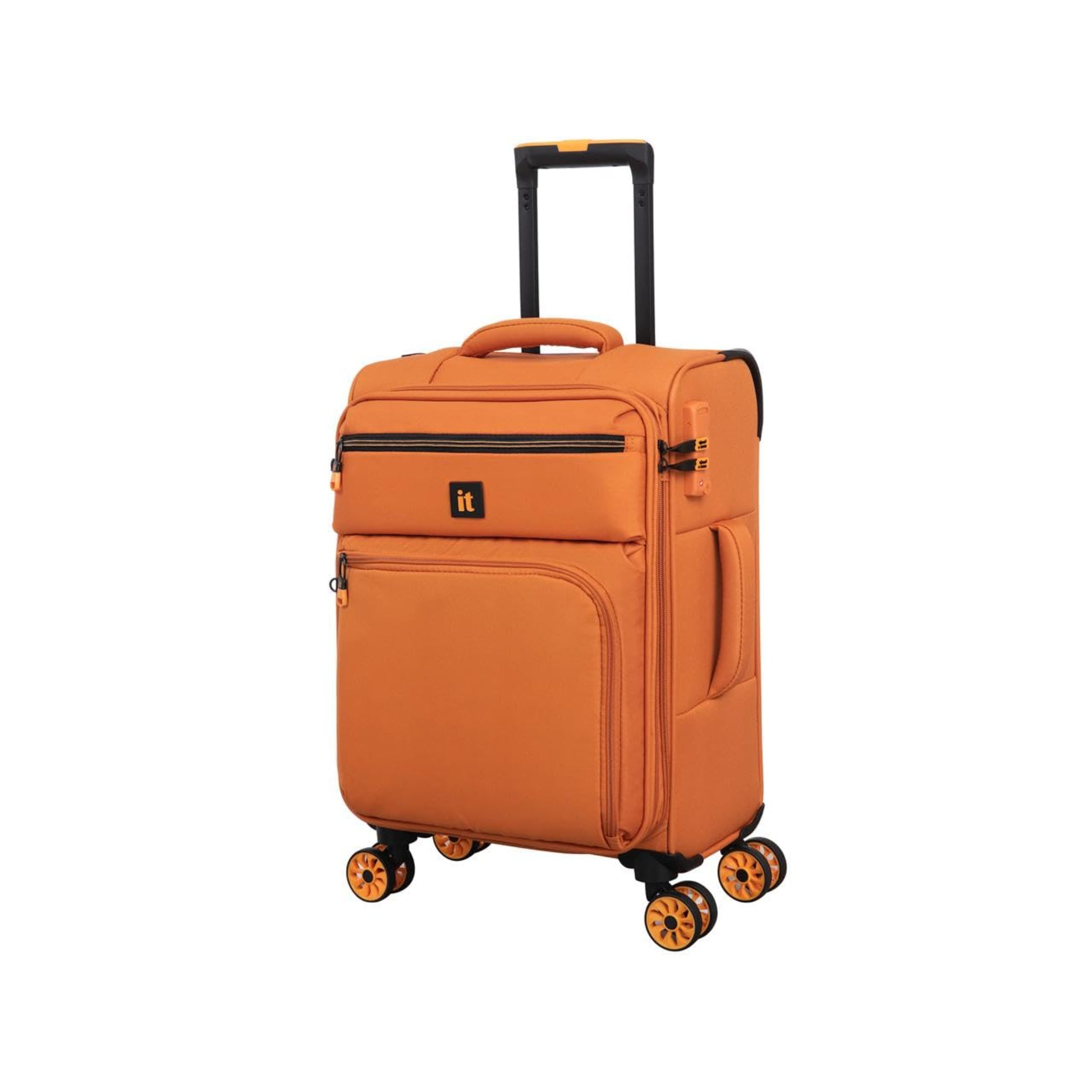 Orange suitcase with wheels on a white background