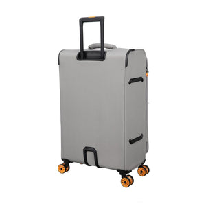 Gray suitcase with black handles and wheels on a white background